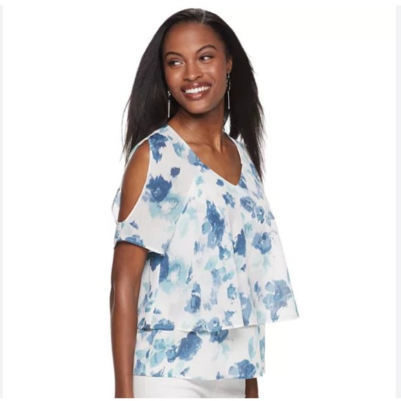 Juicy Couture Layered Ruffled V-Neck White/Blue Cold Shoulder Flowy Top XXL - Picture 1 of 9